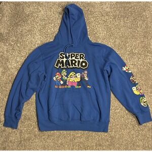 Super Mario Bros Hoodie Sweatshirt Large Blue Video Game Graphic Print Pullover